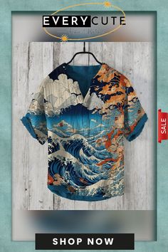 Men's Sea Of Clouds Japanese Art Linen Blend Casual Shirt Blue Tops With Unique Print For Summer, Artistic Crew Neck Shirt For Summer, Artistic Cotton Summer Shirt, Artistic Summer Tops With Abstract Print, Artistic Abstract Print Summer Tops, Summer Cotton Shirt With Printing, Artistic Short Sleeve Relaxed Shirt, Artistic Short Sleeve Relaxed Fit Shirt, Casual Summer Shirt With Printing