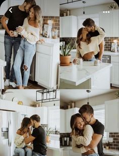 two people are hugging in the kitchen while another person is sitting on a stool and kissing