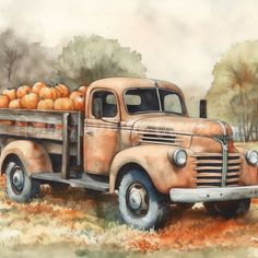 an old truck with pumpkins in the back is painted on watercolor paper,