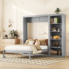 a bed room with a neatly made bed and a book shelf on the wall next to it