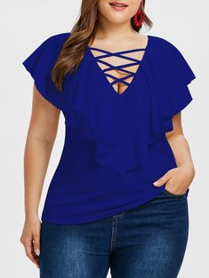 Criss Cross Plus Size Ruffle Insert T-shirt - Denim Dark Blue - 3575113027 - Original Design-Women's Clothing, T-Shirts  #TShirts #Original #DesignWomen's #Clothing # #TShirts Plain T Shirts, Clothing Sites, Elegante Casual, Trendy Plus Size Clothing, Plus Size Fashion For Women, Curvy Girl Fashion, Plus Size Womens Clothing, Fashion Seasons, Plus Size Jeans