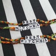 "With orange, brown, and green tones, this friendship bracelet set is perfect for the witchy, fall, and Halloween loving friends out there! Give one to your bestie, your witchy friend, or the other Autumn/Halloween lover in your life! Adjustable to a length of 7\" with a loop and tie closure, these handmade bracelets are soo much fun!  Handmade with embroidery floss, using techniques that 90s kids will appreciate, each of these is made with love. Note, these are closed with a loop and tie that the wearer must tie." Halloween Crafts For Friends, Witch Friendship Bracelet, Friendship Bracelets For 2, Fall Friendship Bracelets, Fall Hangout, Halloween Friendship Bracelet, Good Witch Halloween, Witchy Fall, Broom Closet