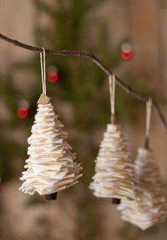 three white ornaments hanging from a tree branch