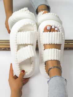 Women's White Stripe Embossed Eva Platform Classic Style Slippers For Autumn And Winter White Fashionable    Plain Bedroom Slippers   Women Shoes, size features are:Bust: ,Length: ,Sleeve Length: Dr Shoes, Bedroom Slippers, Fashion Slippers, Girly Shoes, Slippers Cozy, Crochet Design, Platform Slippers, Carrie Bradshaw, Slides Shoes