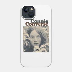 a phone case with an image of a woman's face and flowers on it