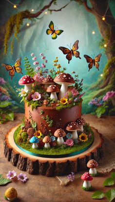 a cake decorated with mushrooms and butterflies on top of a tree stump in the woods