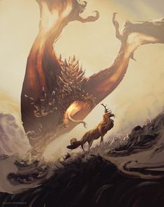 an animal that is standing next to a large dragon in the air with it's mouth open