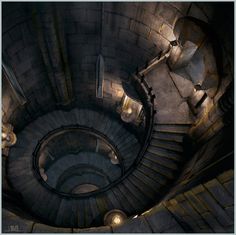 an aerial view of a spiral staircase in a stone building with lights at the end