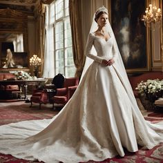 a woman in a white wedding dress standing next to a window