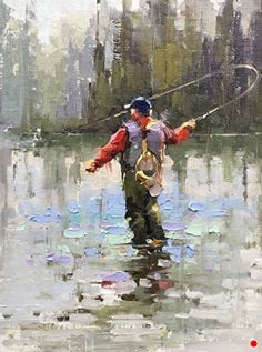 a painting of a man standing in the water holding a fish