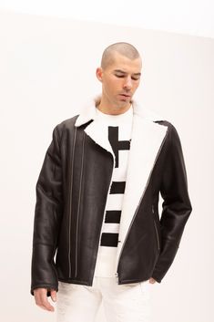 DETAILS Made from full-grain leather and trimmed with a cream shearling collar. This jacket recalls classic aviator styles. It's fully lined and fitted with a two-way zip for ease of layering. The supple hide will get even softer and develop its own character with wear. SIZE + FITTailored fit, to find your correct size use the '' what's my size '' button. COMPOSITION 100% LeatherMade in TurkeyStyle # 7838CAREDry clean only Classic Shearling Biker Jacket For Fall, Leather Jacket With Contrast Collar For Winter, Black Shearling Leather Jacket With Zipper, Shearling Leather Jacket With Long Sleeves And Zipper Closure, Black Shearling Leather Jacket With Zipper Closure, Classic Leather Jacket With Faux Fur Trim, Shearling Leather Jacket With Zip Fly For Fall, Winter Shearling Leather Jacket With Zip Fly, Classic Fitted Shearling Leather Jacket