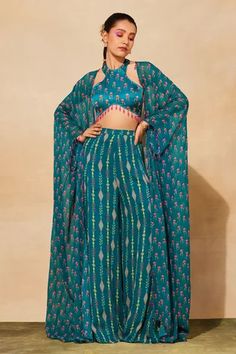 Shop for DiyaRajvvir Blue Modal Tulip Print Cape Sharara Set for Women Online at Aza Fashions Cheap Bollywood Style Tops With Pallu, Unique Sharara Designs, Unique Indo Western Outfits For Women, Trendy Outfits Indian, Lace Bustier, Unique Blouse, Designer Dresses Casual, Party Wear Indian Dresses, Sharara Set