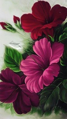 a painting of red and pink flowers with green leaves