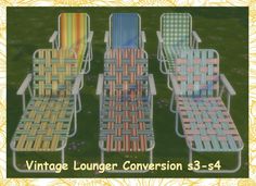 four lawn chairs sitting next to each other