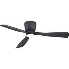 a black ceiling fan with three blades on the top and two lights on the bottom