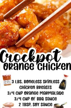 an advertisement for crockpot orange chicken with chopsticks and sauce on the side