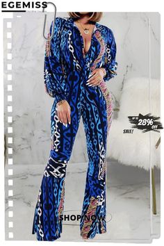 Multicolor Fashion Sexy Print Long Sleeve Turndown Collar Jumpsuits Trendy Blue V-neck Bodysuit, Blue Stretch Jumpsuits And Rompers For Winter, Winter Blue Stretch Jumpsuits And Rompers, Trendy Printed Long Sleeve Jumpsuits And Rompers, Trendy Printed Jumpsuits And Rompers With Long Sleeves, Blue Long Sleeve Printed Bodysuit, Blue Trendy Jumpsuits And Rompers For Party, Multicolor Stretch Long Sleeve Jumpsuits, Chic Multicolor Party Bodysuit