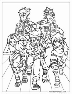 an adult coloring page with the characters from naruta and her friends in black and white