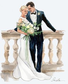 a watercolor painting of a bride and groom standing next to each other on a balcony