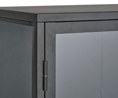 a black cabinet with glass doors and handles