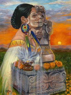 a painting of a woman sitting in front of a statue with flowers on the ground