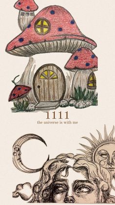 a drawing of a mushroom house with two faces