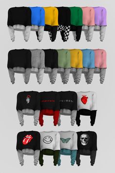 an assortment of sweaters with the rolling stones logo on them, all in different colors