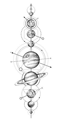 a drawing of the solar system in black and white