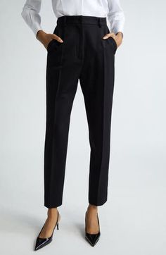 Inspired by the rich imagery of 1960s Sicily, these wool-blend gabardine trousers boast a clean, tailored silhouette and straight legs cropped at the ankle. Zip fly with button closure Front slant pockets; back welt pockets 89% virgin wool, 9% silk, 2% polyester Dry clean Made in Italy Designer Clothing Fitted Bottoms With Straight Hem For Fall, Chic Tapered Leg Dress Pants For Workwear, Fitted Straight Silhouette Bottoms For Fall, Fitted Bottoms With Straight Silhouette For Fall, Chic Business Bottoms With Welt Pockets, Chic Workwear Bottoms With Straight Hem, Chic Office Dress Pants With Welt Pockets, Chic Dress Pants With Pressed Crease For Business Casual, Chic Dress Pants With Welt Pockets For Office