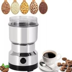 the coffee maker is surrounded by beans and other things to make it easier for people to use