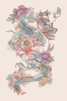 a drawing of a dragon with flowers on it