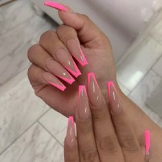 Take Your Manicure To The Next Level With These Super Chic Fake Nails! Featuring A Vibrant Pink V-Stripe Over A Nude Overlay. Sleek, Coffin Nail Shape That Can Also Be Shaved Down. Comes With Press On Glue Strips But You Can Also Use Your Own Glue As Well! O/S Fits All. 100% New! Women's O/S Nail Accessories Material: Acrylic Add To A Bundle + Save $$$ Unghie Sfumate, French Tip Nail Designs, French Tip Acrylic Nails, Long Acrylic Nails Coffin, Pink Acrylic, Pink Nail, Pink Acrylic Nails, Acrylic Nails Coffin, Coffin Nails Designs