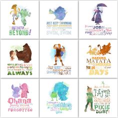 six watercolor posters with different sayings on them