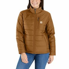 Take on cool, wet weather in this lightweight women's puffer jacket. Its reinforced weave holds up to the toughest jobs, and lightweight insulation adds critical warmth. Water-repellent and windproof technology fights inclement weather, so you can finish the job. It's made to move with a relaxed fit and built-in flex where you need it most for a full range of motion. Features1.75-ounce, 100% Cordura® nylon shell; 11-ounce, 89% nylon, 11% elastane side and sleeve panelsQuilted nylon lining; 100% Womens Carhartt Jacket, Lightweight Puffer Jacket, Rain Jacket Women, Carhartt Womens, Carhartt Women, Carhartt Jacket, Puffer Jacket Women, Classic Jacket, Rain Wear