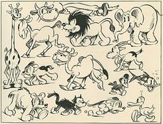 an old black and white drawing of various cartoon animals in different poses, from the beginning to the end of the 20th century