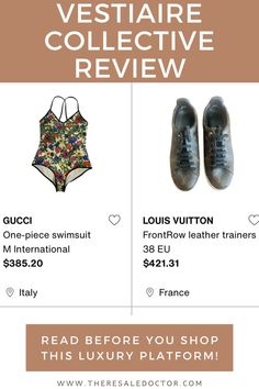 screenshot of the vestiaire collective app with text that reads vestiaire collective review. Second Hand Shop, The Platform, Buying And Selling, Leather Trainers, Luxury Items, One Piece Swimsuit, To Read