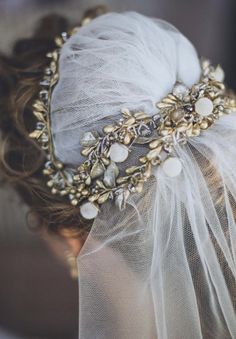 a woman wearing a veil with a tiara on top of her head and hair comb