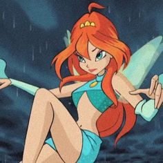 a cartoon character with red hair and blue swimsuit holding an umbrella in the rain