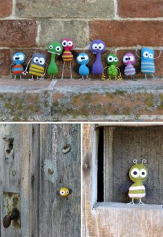 several different pictures of small stuffed animals in front of a brick wall and an old door