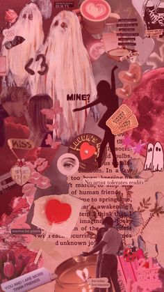 an altered collage with various images and words on the page, including two people