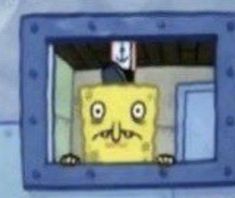 an animated spongebob is looking out the window at someone in the room with his head sticking out