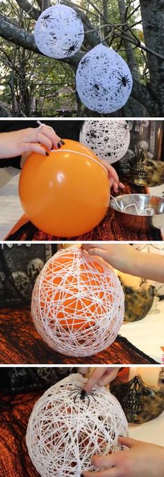 three pictures showing how to make an ornament out of balloons