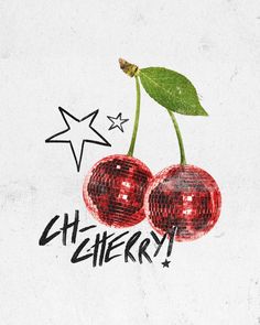 two cherries with the words cherry written in black ink on a white paper background