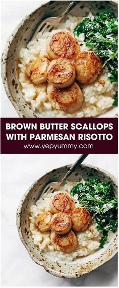 brown butter scallops with parmesan risotto and spinach on top