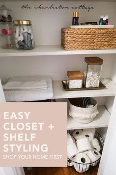 an open closet with toilet paper and other items