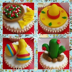 four pictures of decorated cupcakes with hats and cactuses on the top one is made out of frosting