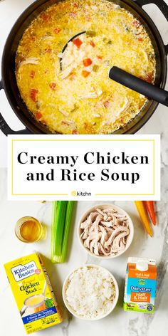 creamy chicken and rice soup in a skillet with ingredients to make it on the side