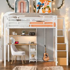 a white loft bed with stairs and desk in front of christmas decorations on the wall