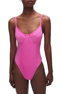 Take a dip in this shimmering one-piece swimsuit featuring a supportive underwire and a smoothing silhouette with lots of stretch. 78% nylon, 14% elastane, 10% Lurex® metallic fibers Machine wash, tumble dry Imported Black Owned/Founded Good American, Show Off, One Piece Swimsuit, Dip, Take A, Take That, Sparkle, Nordstrom, One Piece