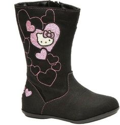 These little cute baby/toddler boots are new with shimmery hearts and Hello Kitty prints. Most of these shoes have the paper tag in the picture but there are exceptions.The boot shaft is about 7" measured from bottom of outsole up. The boots have side zip closure, making it easy  on and off. The boots have main color black. The upper fabric looks like flannel. The sock liner is also fabric. There is  a thin padding between the upper and sock liner. The outsole is rubber. These boots are light we Hello Kitty Boots, Shoes Hello Kitty, Polka Dot Rain Boots, Sophia Black, Hello Kitty Black, Black Toddler, Embroidered Hearts, Hello Kitty Shoes, Fabric Boots